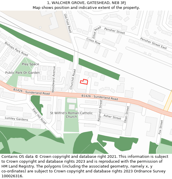 1, WALCHER GROVE, GATESHEAD, NE8 3FJ: Location map and indicative extent of plot