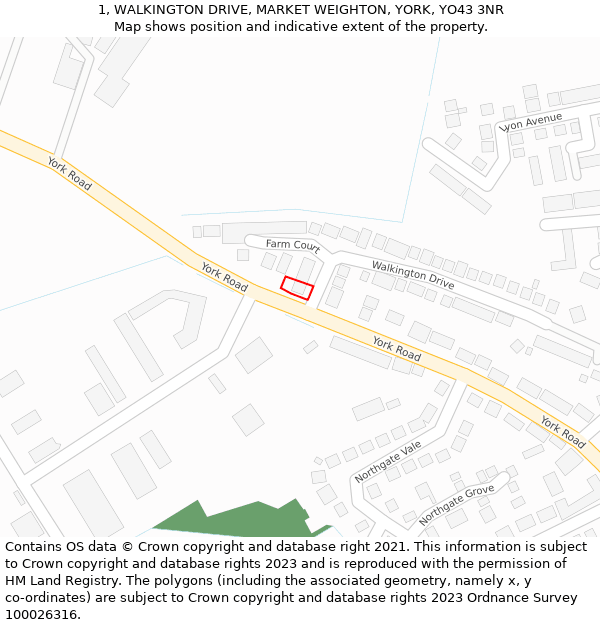 1, WALKINGTON DRIVE, MARKET WEIGHTON, YORK, YO43 3NR: Location map and indicative extent of plot