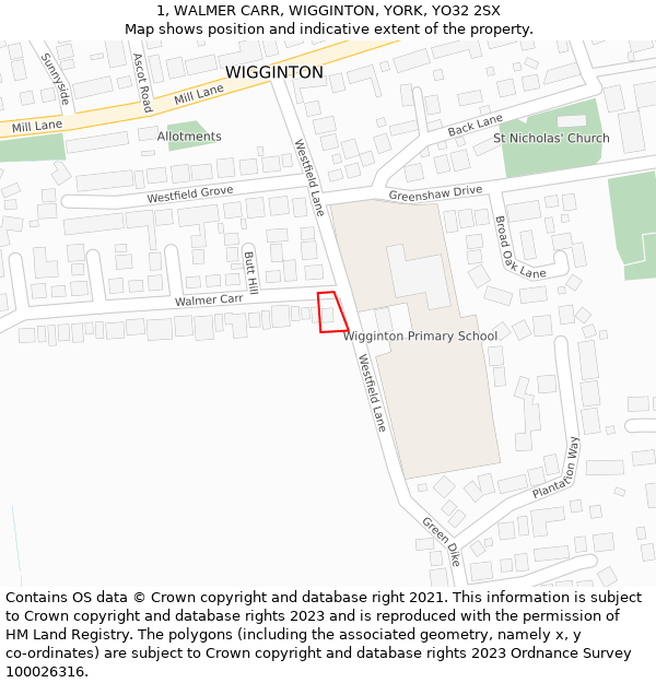 1, WALMER CARR, WIGGINTON, YORK, YO32 2SX: Location map and indicative extent of plot