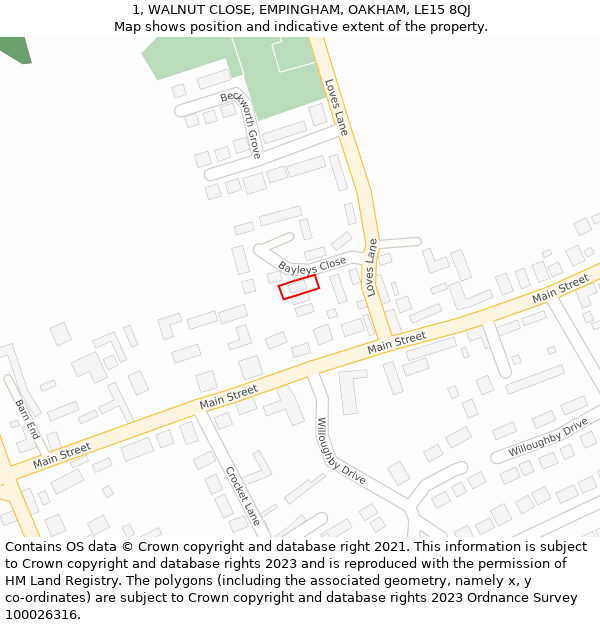 1, WALNUT CLOSE, EMPINGHAM, OAKHAM, LE15 8QJ: Location map and indicative extent of plot