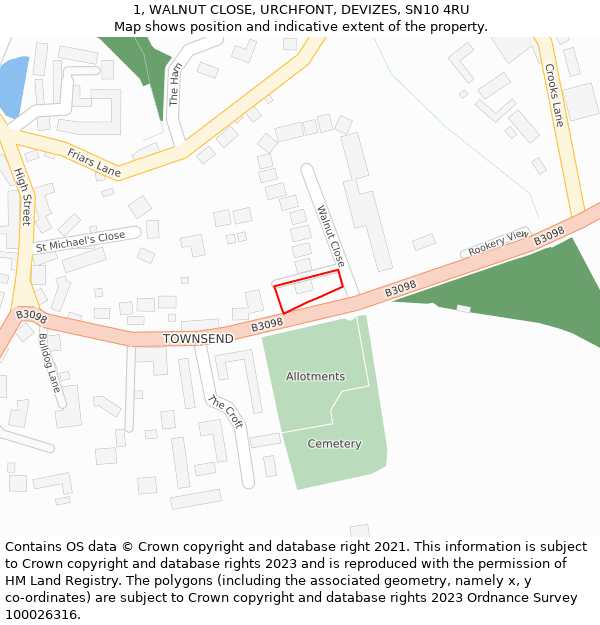 1, WALNUT CLOSE, URCHFONT, DEVIZES, SN10 4RU: Location map and indicative extent of plot