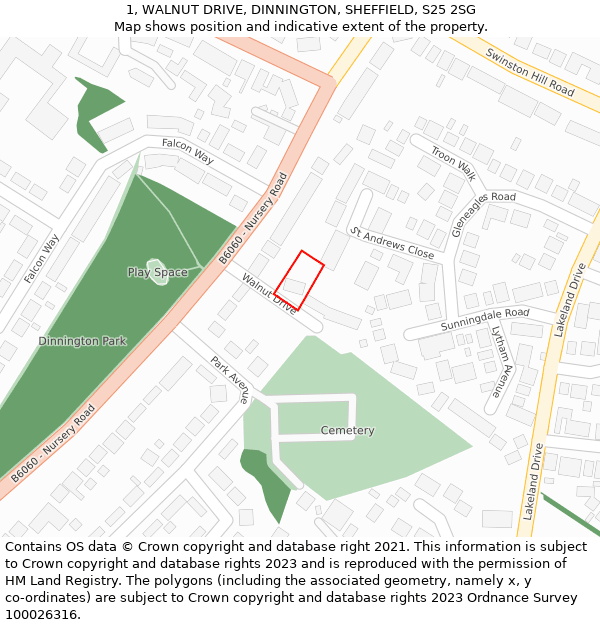 1, WALNUT DRIVE, DINNINGTON, SHEFFIELD, S25 2SG: Location map and indicative extent of plot