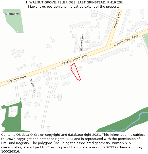 1, WALNUT GROVE, FELBRIDGE, EAST GRINSTEAD, RH19 2SU: Location map and indicative extent of plot