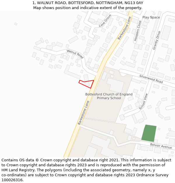 1, WALNUT ROAD, BOTTESFORD, NOTTINGHAM, NG13 0AY: Location map and indicative extent of plot
