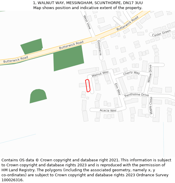 1, WALNUT WAY, MESSINGHAM, SCUNTHORPE, DN17 3UU: Location map and indicative extent of plot