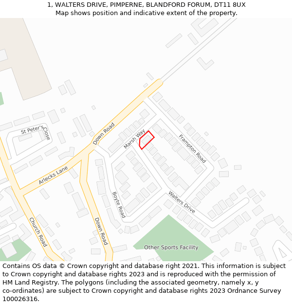 1, WALTERS DRIVE, PIMPERNE, BLANDFORD FORUM, DT11 8UX: Location map and indicative extent of plot