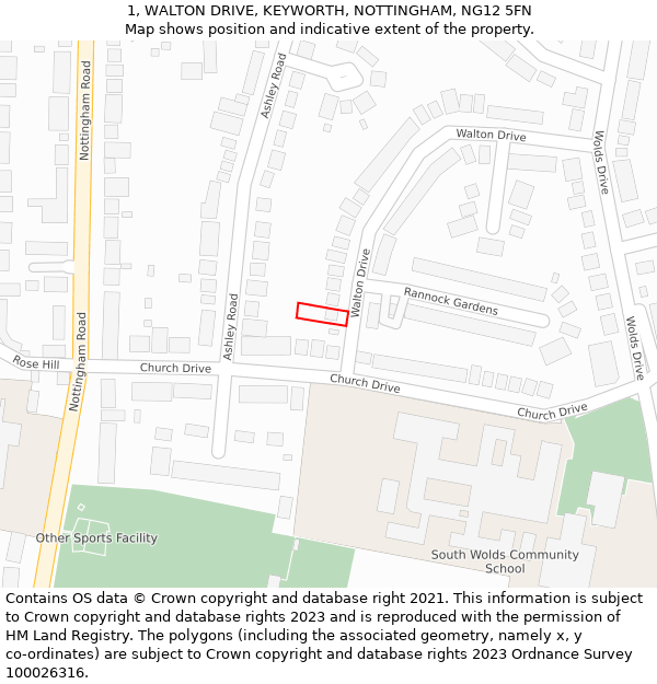 1, WALTON DRIVE, KEYWORTH, NOTTINGHAM, NG12 5FN: Location map and indicative extent of plot