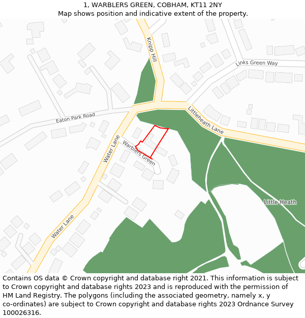 1, WARBLERS GREEN, COBHAM, KT11 2NY: Location map and indicative extent of plot