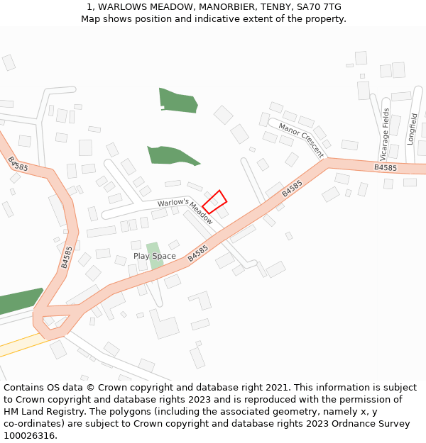 1, WARLOWS MEADOW, MANORBIER, TENBY, SA70 7TG: Location map and indicative extent of plot