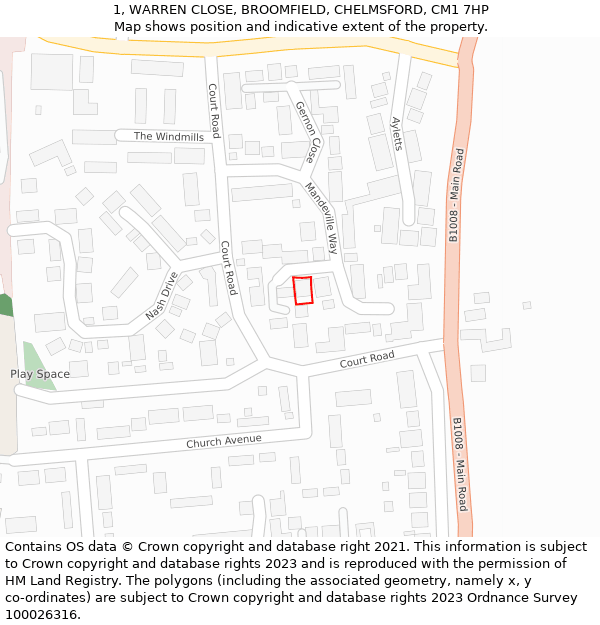 1, WARREN CLOSE, BROOMFIELD, CHELMSFORD, CM1 7HP: Location map and indicative extent of plot