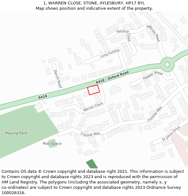 1, WARREN CLOSE, STONE, AYLESBURY, HP17 8YL: Location map and indicative extent of plot