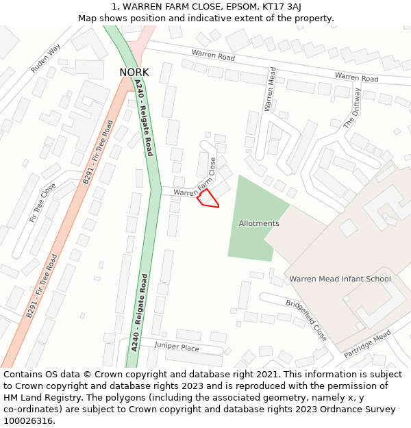 1, WARREN FARM CLOSE, EPSOM, KT17 3AJ: Location map and indicative extent of plot