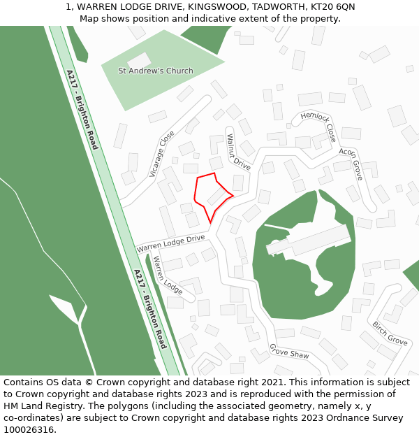 1, WARREN LODGE DRIVE, KINGSWOOD, TADWORTH, KT20 6QN: Location map and indicative extent of plot