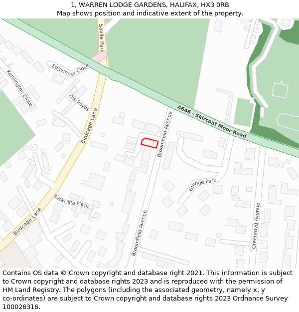 1, WARREN LODGE GARDENS, HALIFAX, HX3 0RB: Location map and indicative extent of plot