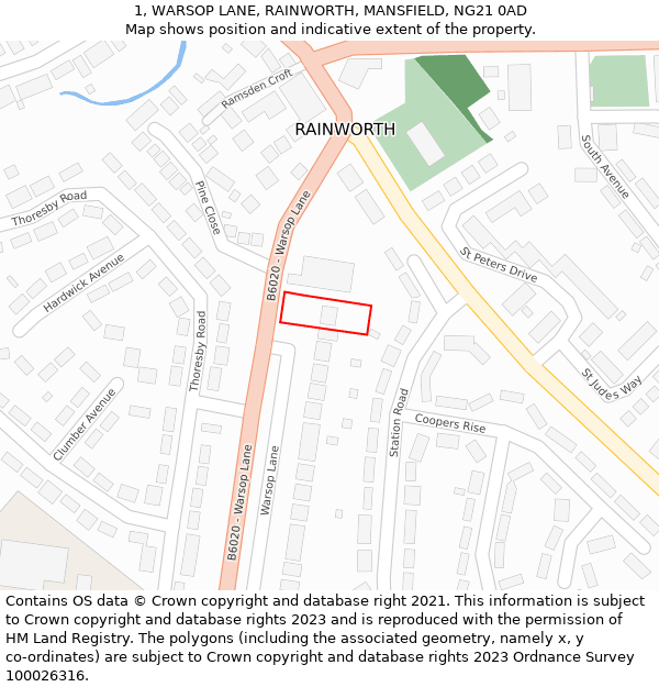 1, WARSOP LANE, RAINWORTH, MANSFIELD, NG21 0AD: Location map and indicative extent of plot