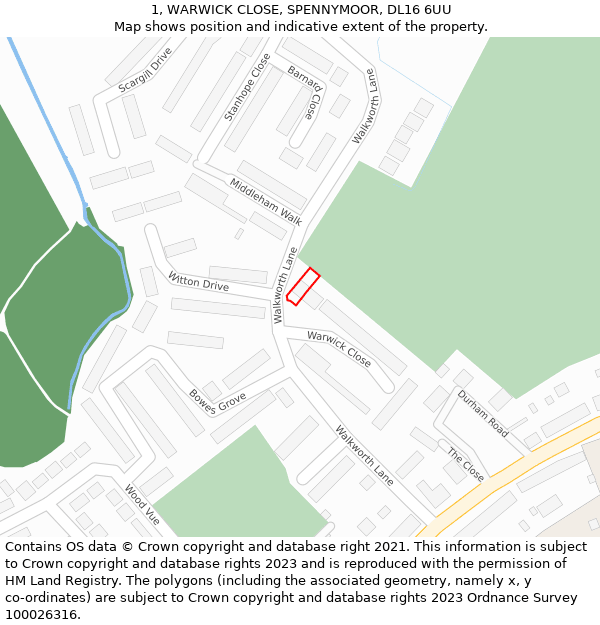 1, WARWICK CLOSE, SPENNYMOOR, DL16 6UU: Location map and indicative extent of plot