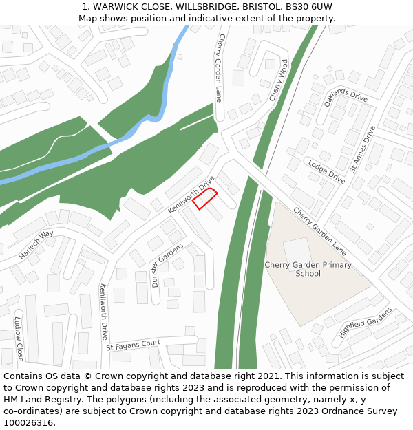 1, WARWICK CLOSE, WILLSBRIDGE, BRISTOL, BS30 6UW: Location map and indicative extent of plot