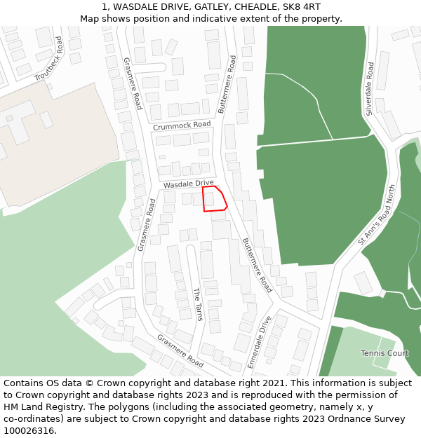 1, WASDALE DRIVE, GATLEY, CHEADLE, SK8 4RT: Location map and indicative extent of plot