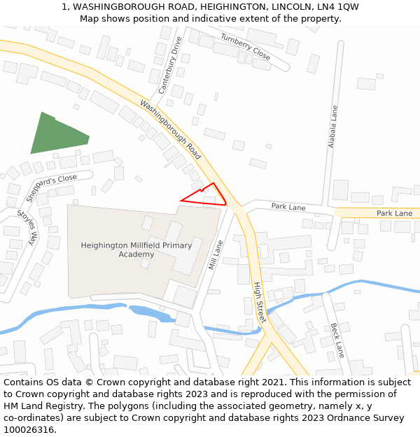 1, WASHINGBOROUGH ROAD, HEIGHINGTON, LINCOLN, LN4 1QW: Location map and indicative extent of plot