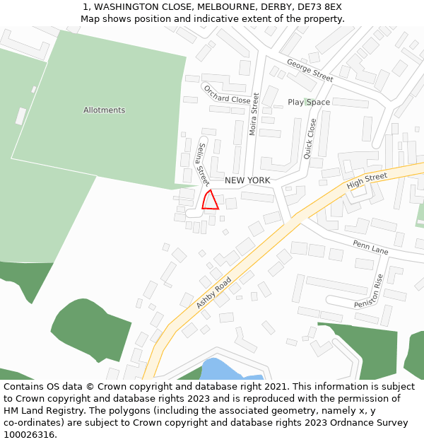 1, WASHINGTON CLOSE, MELBOURNE, DERBY, DE73 8EX: Location map and indicative extent of plot