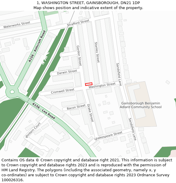 1, WASHINGTON STREET, GAINSBOROUGH, DN21 1DP: Location map and indicative extent of plot