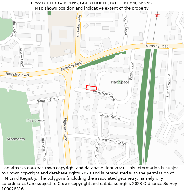 1, WATCHLEY GARDENS, GOLDTHORPE, ROTHERHAM, S63 9GF: Location map and indicative extent of plot