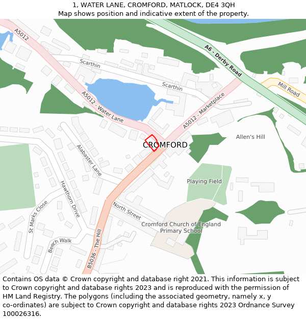 1, WATER LANE, CROMFORD, MATLOCK, DE4 3QH: Location map and indicative extent of plot