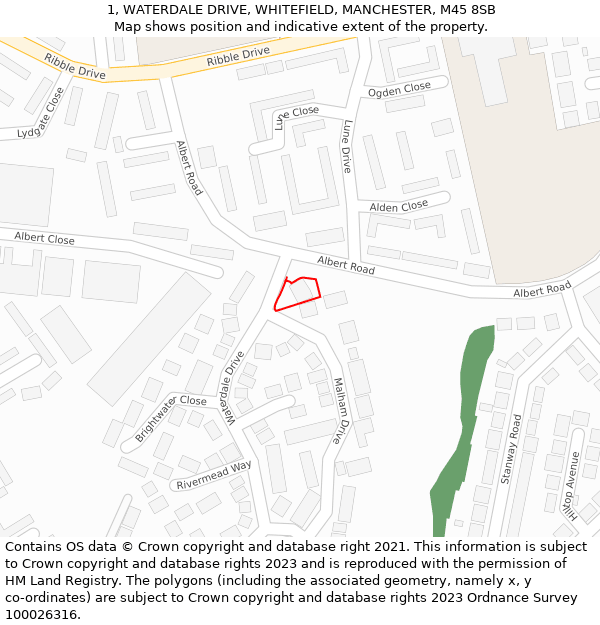 1, WATERDALE DRIVE, WHITEFIELD, MANCHESTER, M45 8SB: Location map and indicative extent of plot