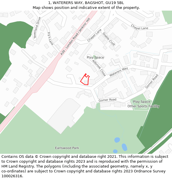 1, WATERERS WAY, BAGSHOT, GU19 5BL: Location map and indicative extent of plot