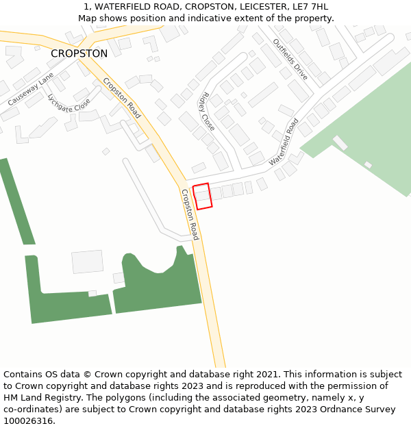 1, WATERFIELD ROAD, CROPSTON, LEICESTER, LE7 7HL: Location map and indicative extent of plot