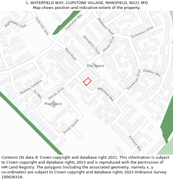 1, WATERFIELD WAY, CLIPSTONE VILLAGE, MANSFIELD, NG21 9FD: Location map and indicative extent of plot