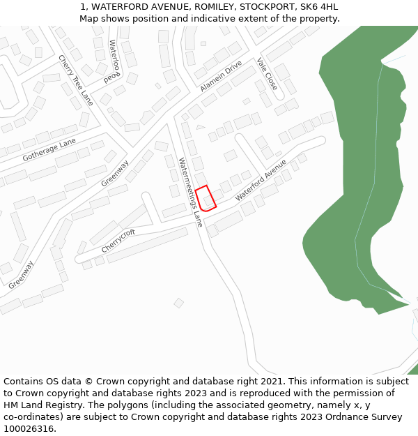 1, WATERFORD AVENUE, ROMILEY, STOCKPORT, SK6 4HL: Location map and indicative extent of plot