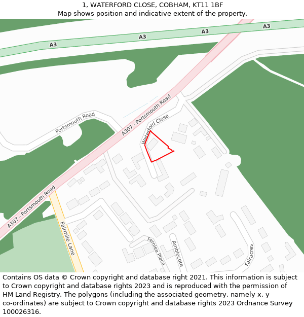 1, WATERFORD CLOSE, COBHAM, KT11 1BF: Location map and indicative extent of plot