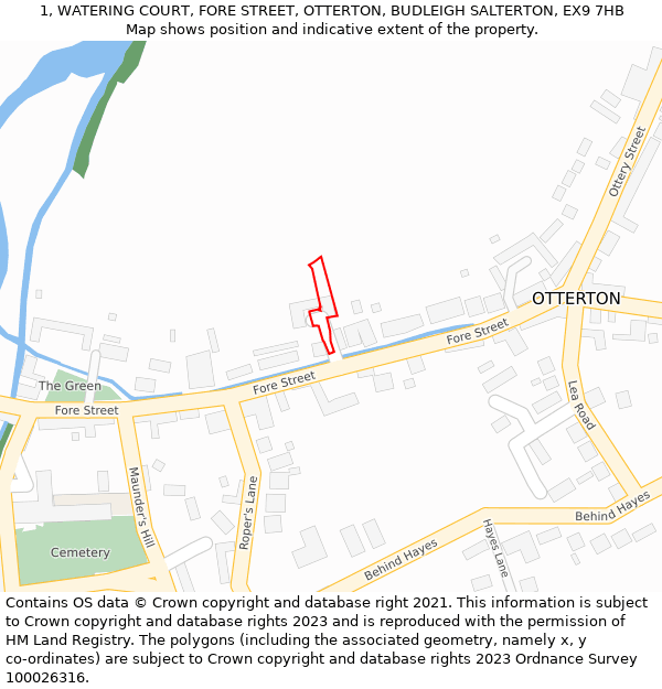 1, WATERING COURT, FORE STREET, OTTERTON, BUDLEIGH SALTERTON, EX9 7HB: Location map and indicative extent of plot