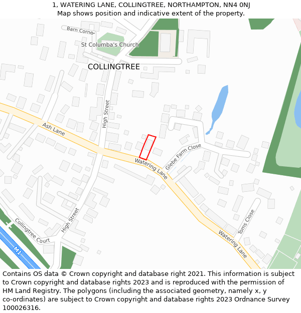 1, WATERING LANE, COLLINGTREE, NORTHAMPTON, NN4 0NJ: Location map and indicative extent of plot