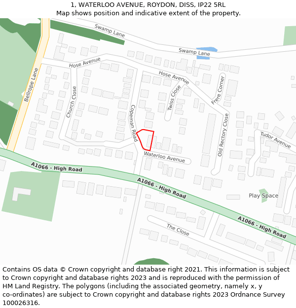 1, WATERLOO AVENUE, ROYDON, DISS, IP22 5RL: Location map and indicative extent of plot