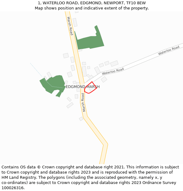 1, WATERLOO ROAD, EDGMOND, NEWPORT, TF10 8EW: Location map and indicative extent of plot