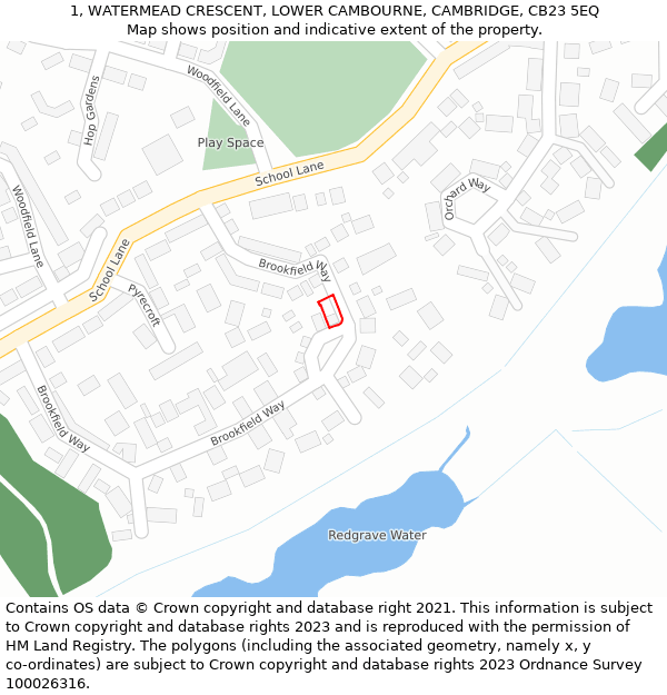 1, WATERMEAD CRESCENT, LOWER CAMBOURNE, CAMBRIDGE, CB23 5EQ: Location map and indicative extent of plot