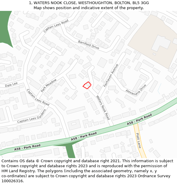 1, WATERS NOOK CLOSE, WESTHOUGHTON, BOLTON, BL5 3GG: Location map and indicative extent of plot