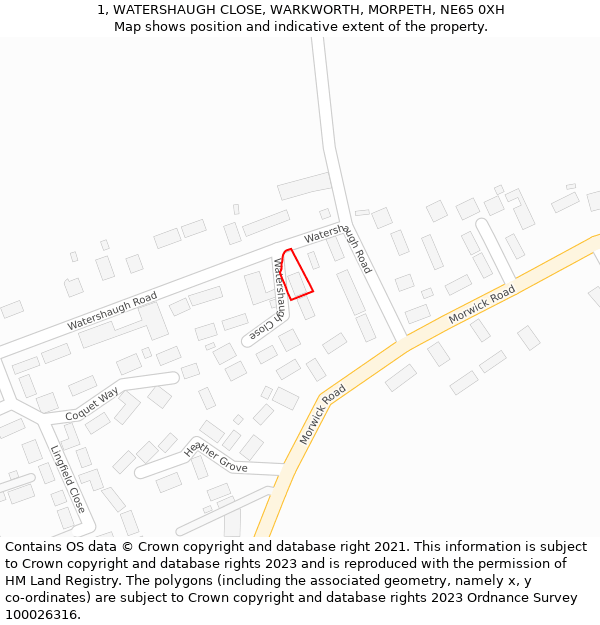 1, WATERSHAUGH CLOSE, WARKWORTH, MORPETH, NE65 0XH: Location map and indicative extent of plot