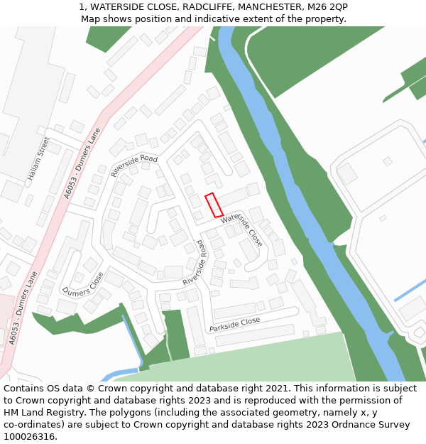 1, WATERSIDE CLOSE, RADCLIFFE, MANCHESTER, M26 2QP: Location map and indicative extent of plot