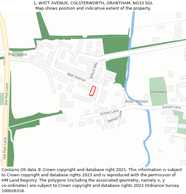 1, WATT AVENUE, COLSTERWORTH, GRANTHAM, NG33 5GL: Location map and indicative extent of plot