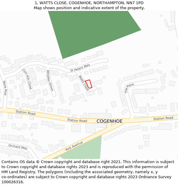 1, WATTS CLOSE, COGENHOE, NORTHAMPTON, NN7 1PD: Location map and indicative extent of plot