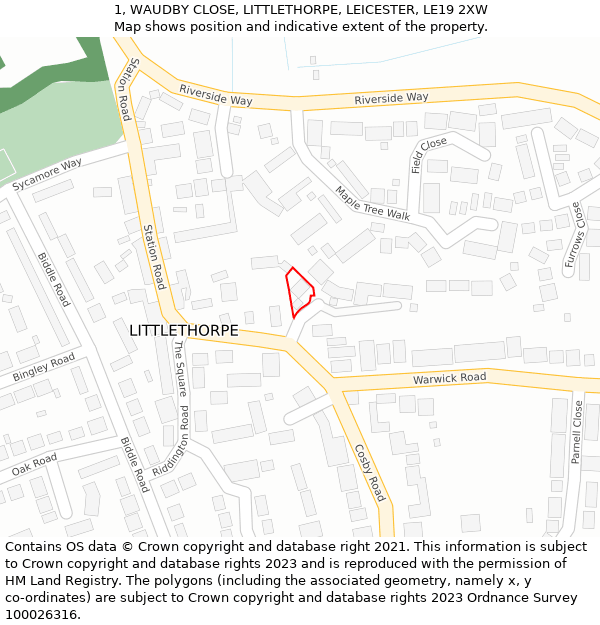 1, WAUDBY CLOSE, LITTLETHORPE, LEICESTER, LE19 2XW: Location map and indicative extent of plot