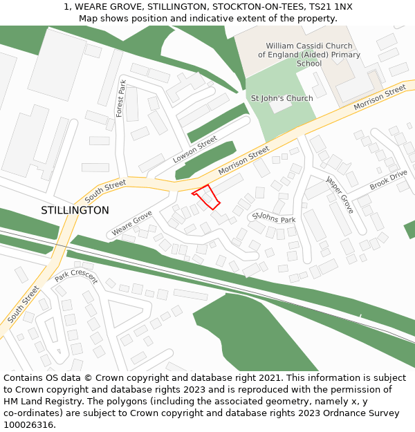 1, WEARE GROVE, STILLINGTON, STOCKTON-ON-TEES, TS21 1NX: Location map and indicative extent of plot