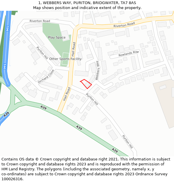 1, WEBBERS WAY, PURITON, BRIDGWATER, TA7 8AS: Location map and indicative extent of plot