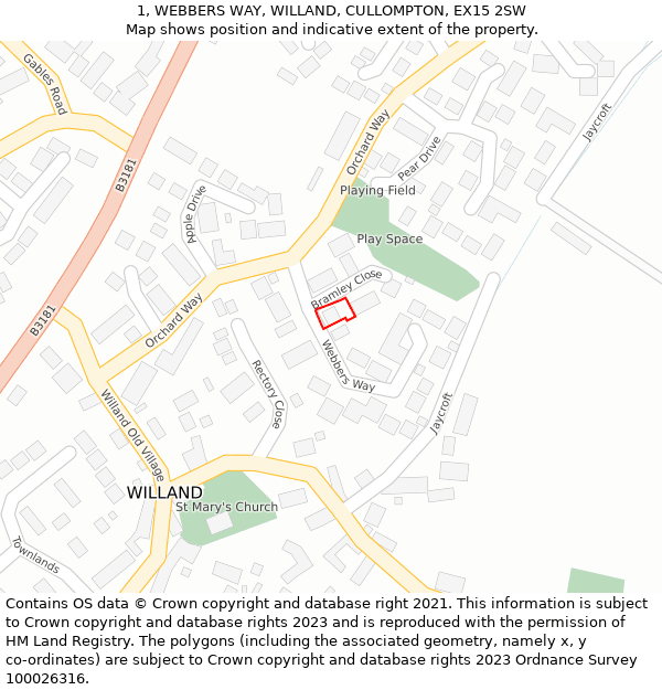 1, WEBBERS WAY, WILLAND, CULLOMPTON, EX15 2SW: Location map and indicative extent of plot