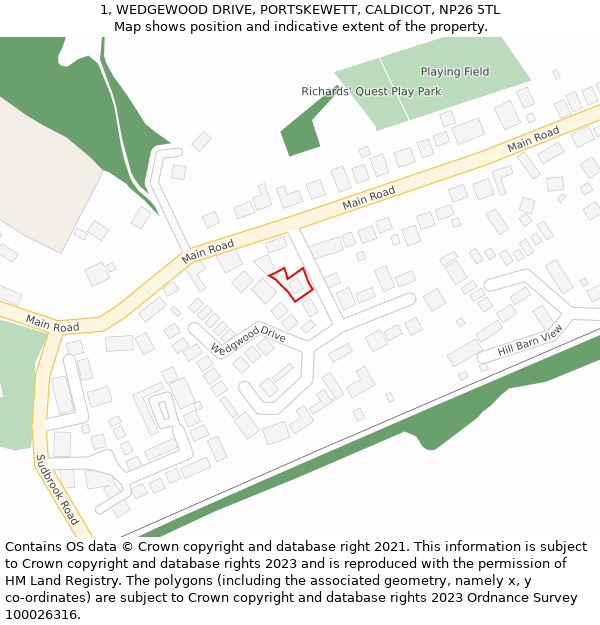 1, WEDGEWOOD DRIVE, PORTSKEWETT, CALDICOT, NP26 5TL: Location map and indicative extent of plot