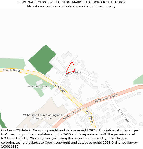 1, WEINAHR CLOSE, WILBARSTON, MARKET HARBOROUGH, LE16 8QX: Location map and indicative extent of plot