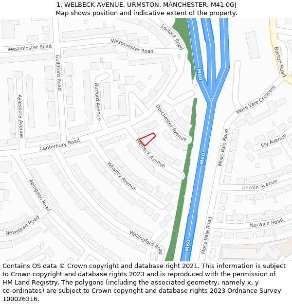 1, WELBECK AVENUE, URMSTON, MANCHESTER, M41 0GJ: Location map and indicative extent of plot